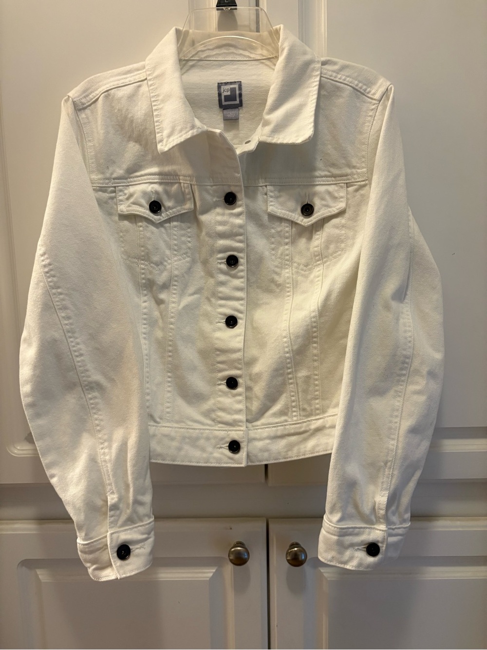 jcpenney White Denim Jean Jacket with Black Buttons